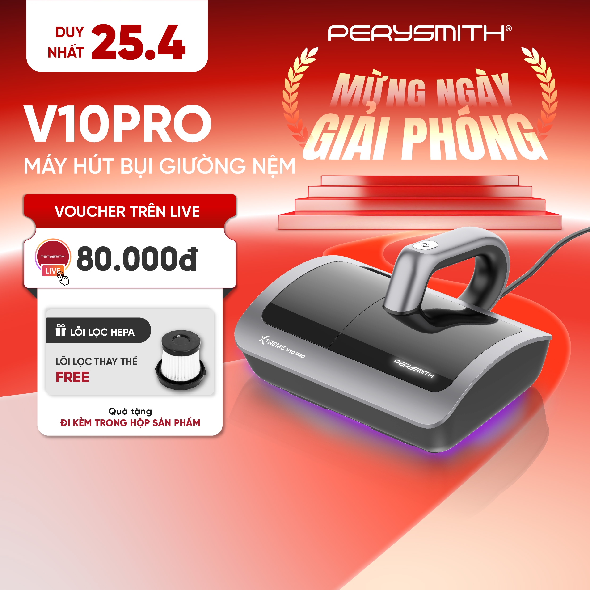 PerySmith V10PRO Máy Hút Bụi Giường Nệm Cầm Tay Hút Bụi Mịn Có Dây Gọn Nhẹ Dễ Sử Dụng Đèn Tia UV Diệt Khuẩn Lực Hút 19000PA
