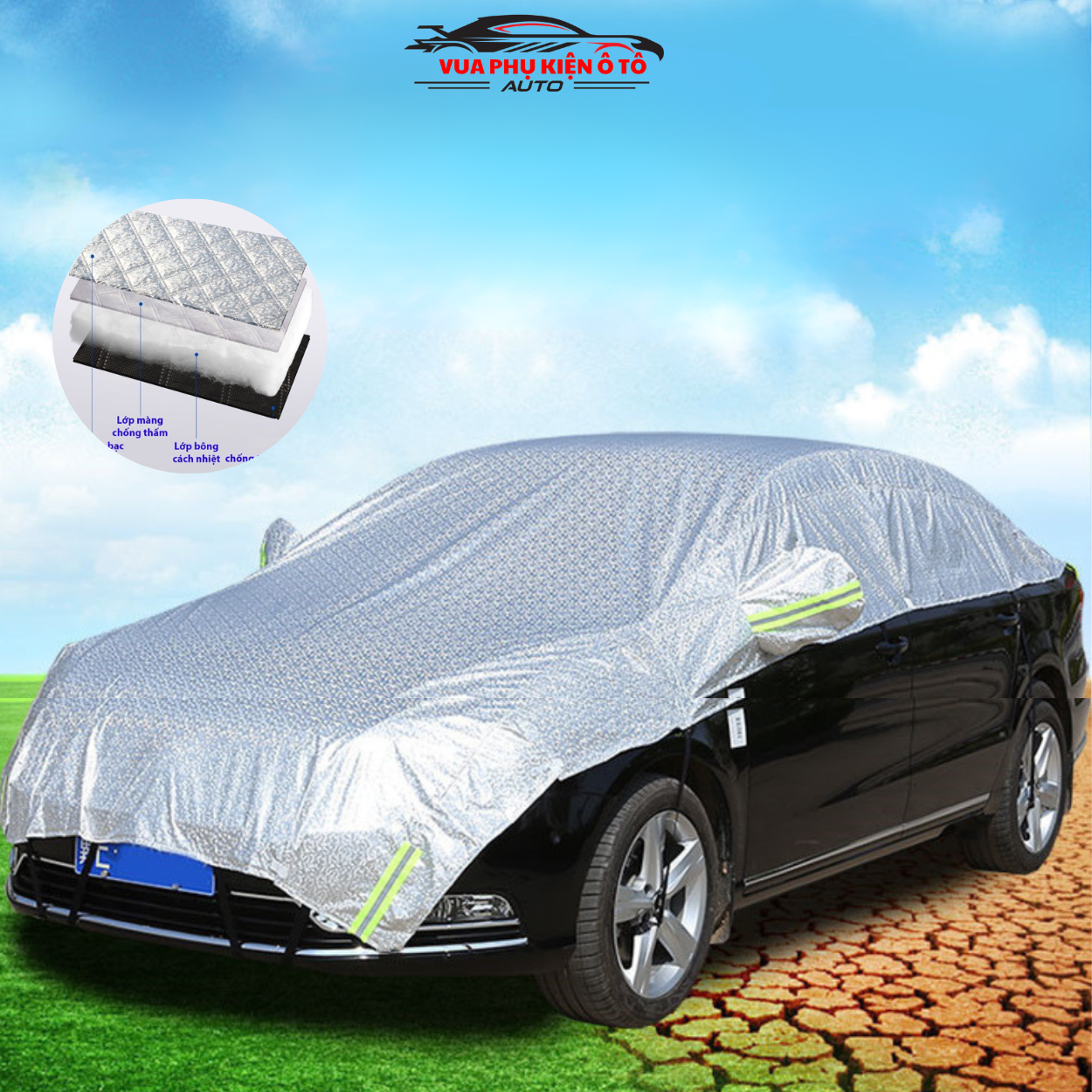 Bạt phủ nửa xe ô tô tráng nhôm- Bạt che nóc xe hơi chống nóng, chống xước, chống mưa, cho các dòng xe