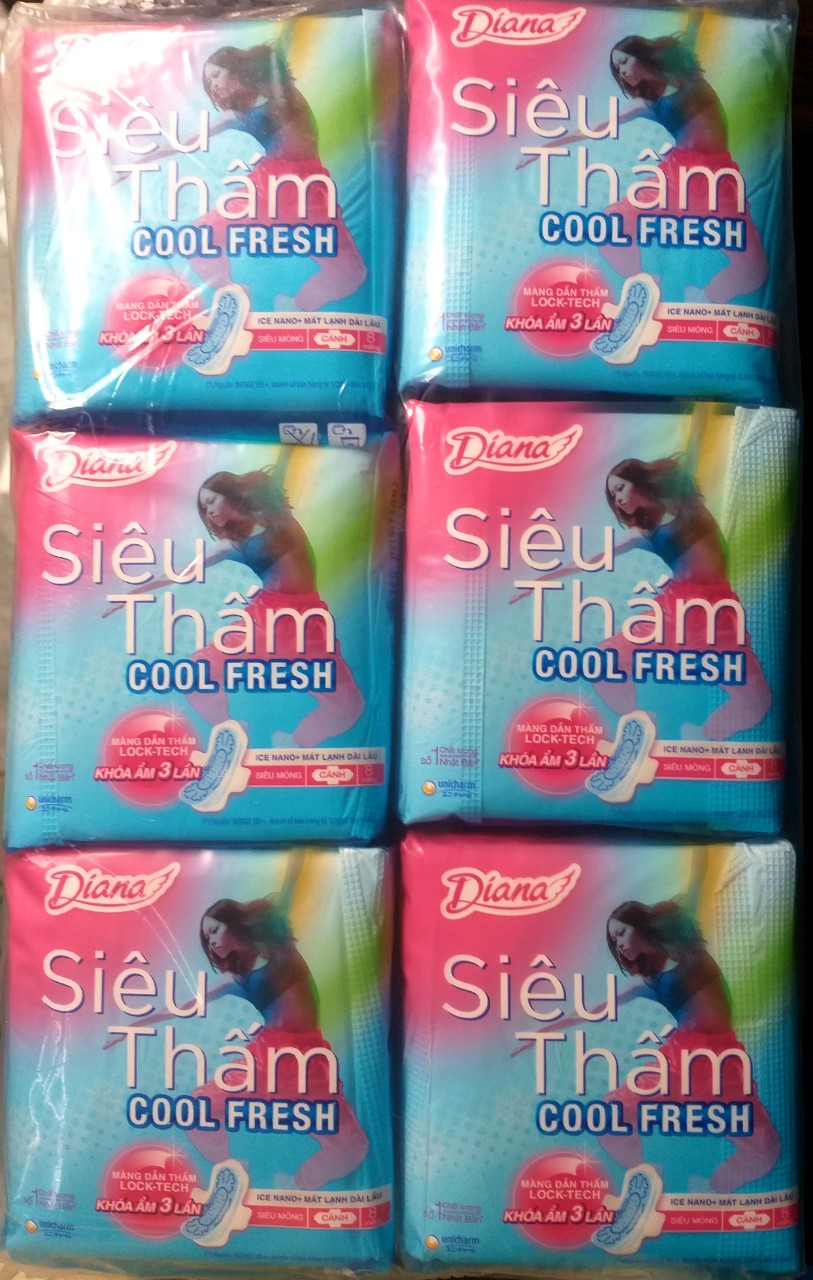 COMBO 6 GÓI BĂNG VỆ SINH DIANA SIÊU THẤM  MỎNG CÁNH  COOL (MẶT LƯỚI) GÓI 8 MIẾNG
