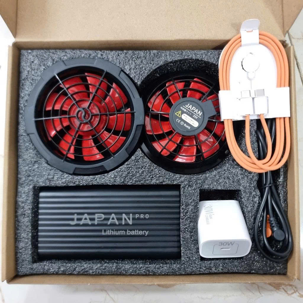 Chính Hãng Bộ Pin Áo Điều Hòa JAPAN PRO Pin 90.000mah, 25V+2 Quạt 9 Cánh+Sạc Type C, Chạy 12-24h