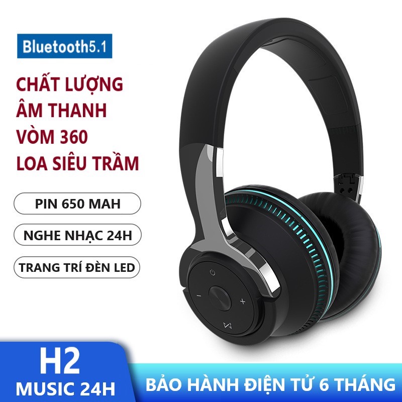 Chụp tai Bluetooth không dây Cao cấp H2, Bluetooth 5.1 Pin 650mAh nghe nhạc 24h , Loa Siêu trầm. Trất lượng âm thanh vòm 360 độ. mic đàm thoại tốt. có Đèn led trang Trí, chụp tai thể thao bluetooth