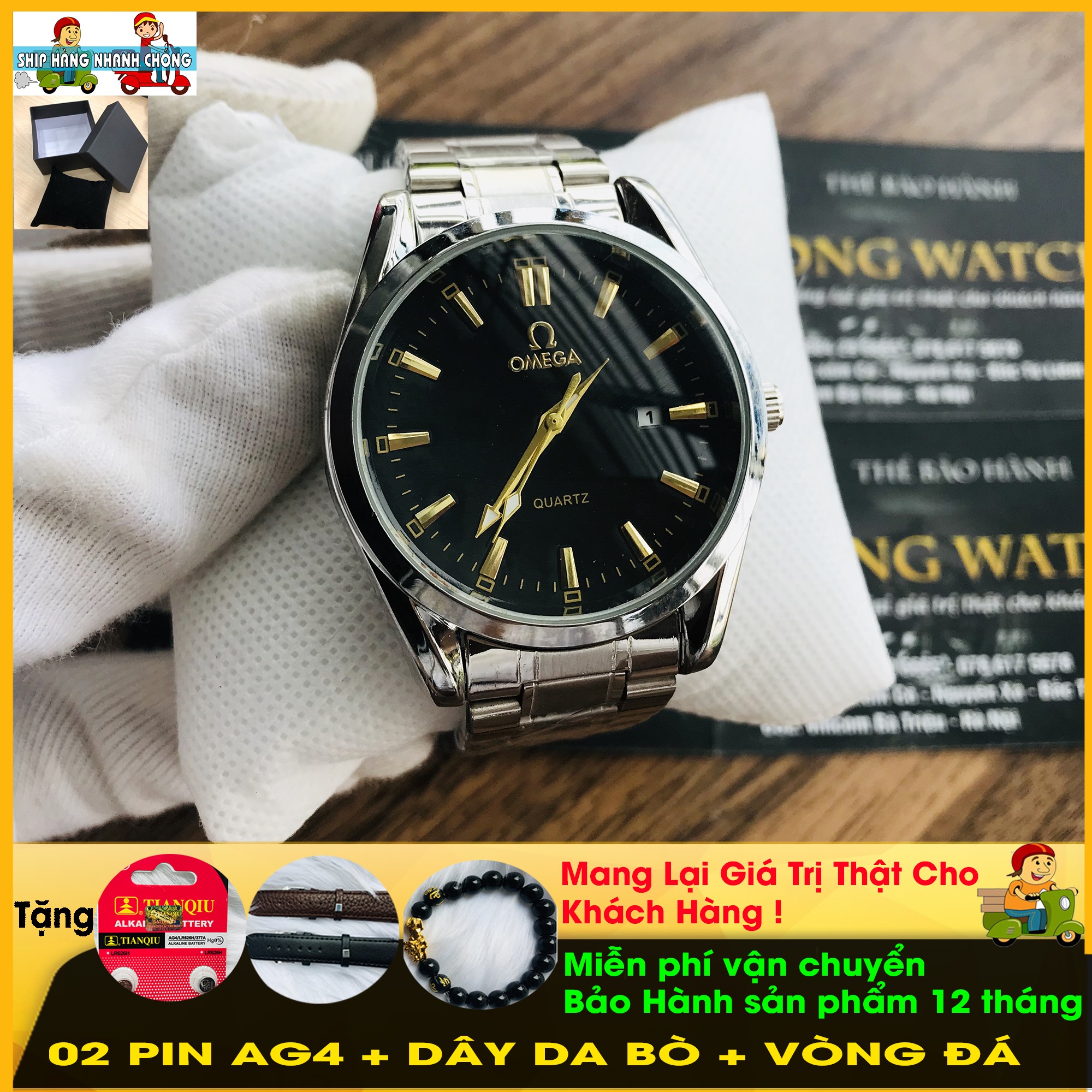 MUA ĐỒNG HỒ NAM 8344G, DẠ QUANG, MẶT ĐEN, TẶNG DÂY DA BÒ, TẶNG VÒNG ĐÁ TỲ HƯU, CHỐNG NƯỚC, CHỐNG XƯỚC +  (KÈM 02 VIÊN PIN DỰ TRỮ, TẶNG VÒNG ĐÁ TỲ HƯU PHONG THỦY