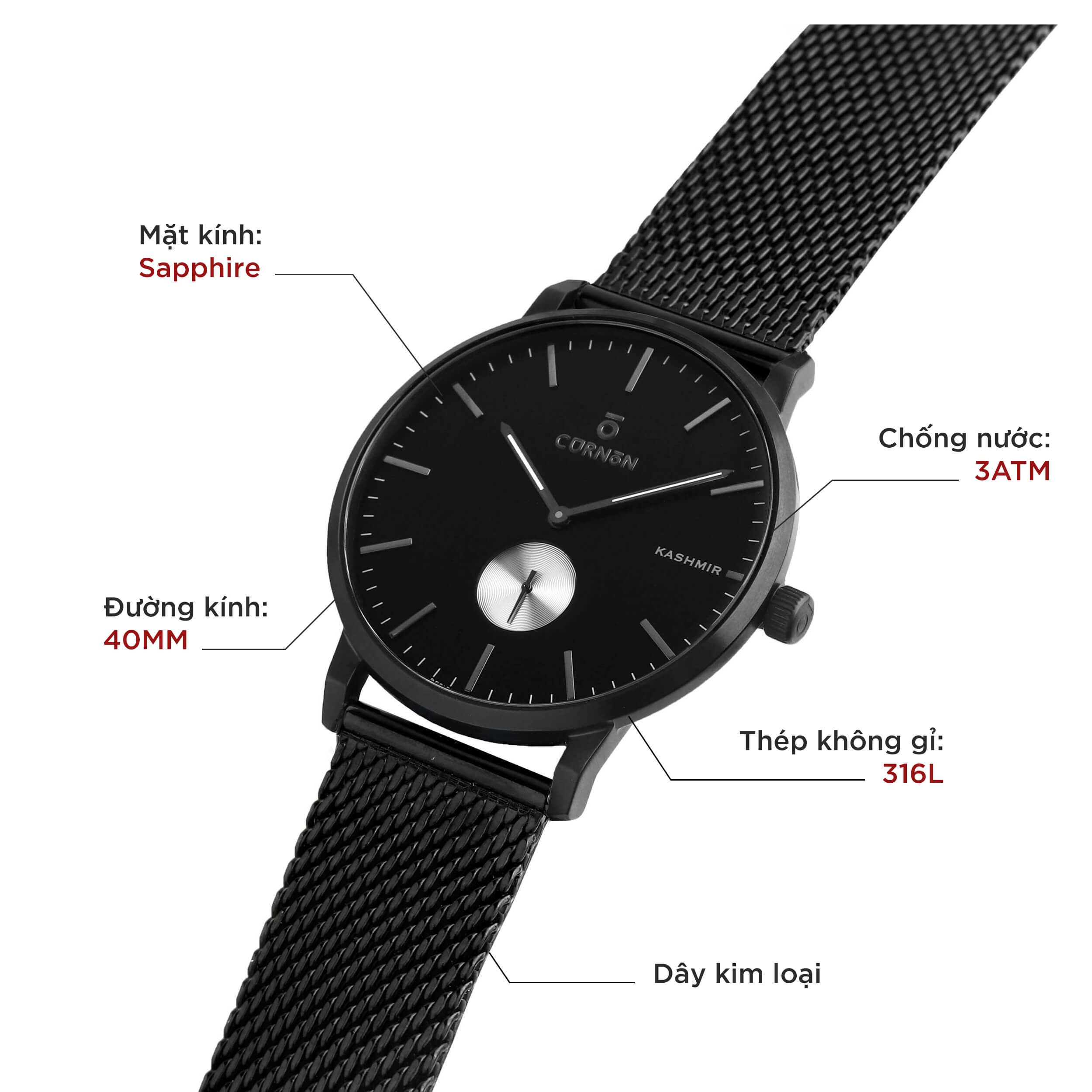 Đồng hồ nam Curnon Kashmir Robust dây thép cao cấp - Thiết kế 3 kim thời trang - Kính Sapphire, chống nước 3ATM - Hàng chính hãng