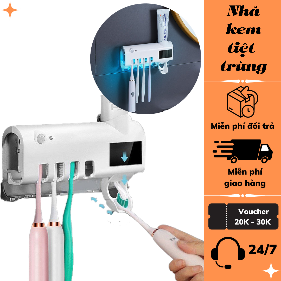 Bộ nhả kem và treo treo bàn chải đánh răng lấy kem đánh răng tự động có tia uv khử khuẩn tuyệt đối