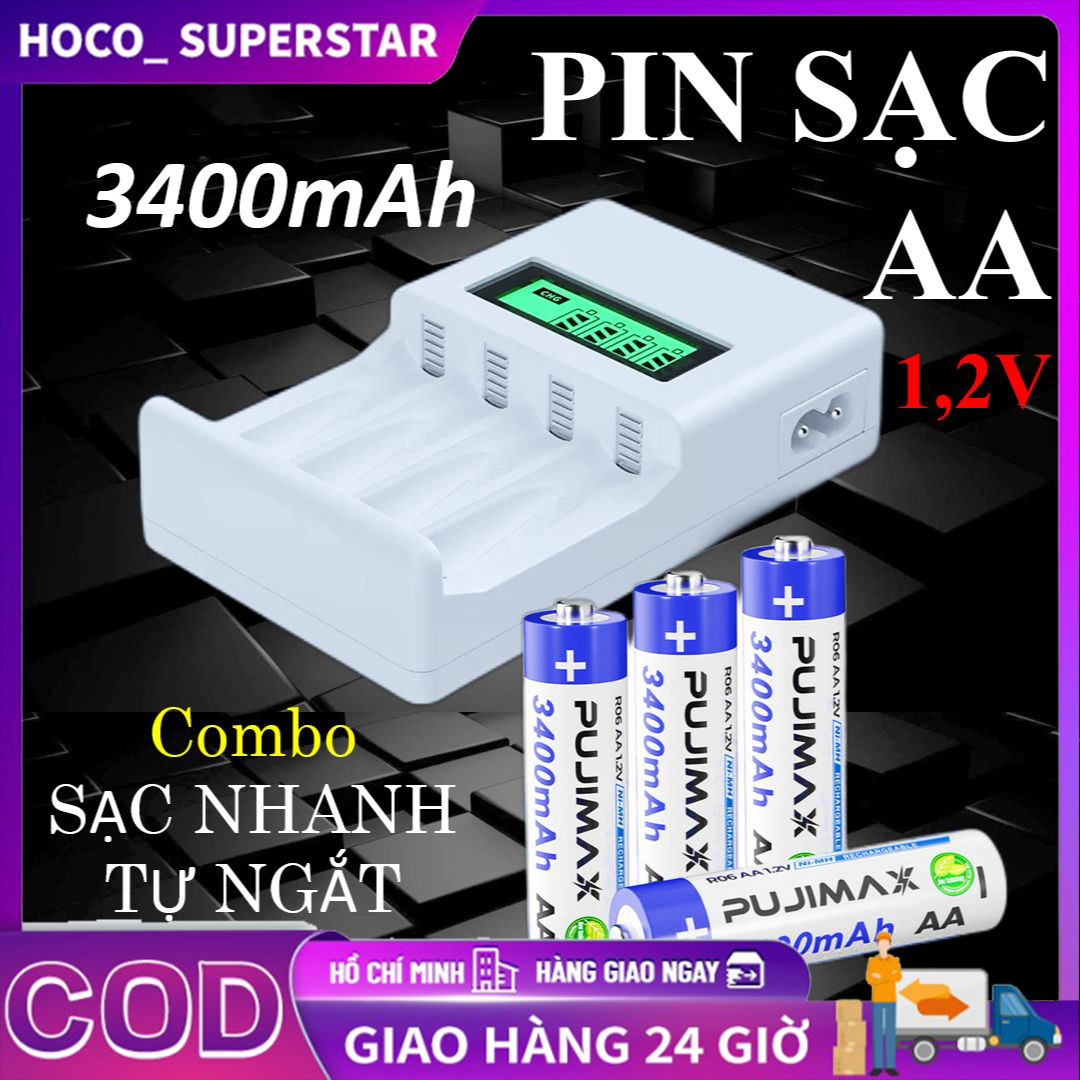 Bộ sạc pin aa/aaa pin sạc aa 1200mah / aa 3400mah sạc pin tiểu lcd-04 sạc nhanh tự ngắt có màn lcd hiển thị