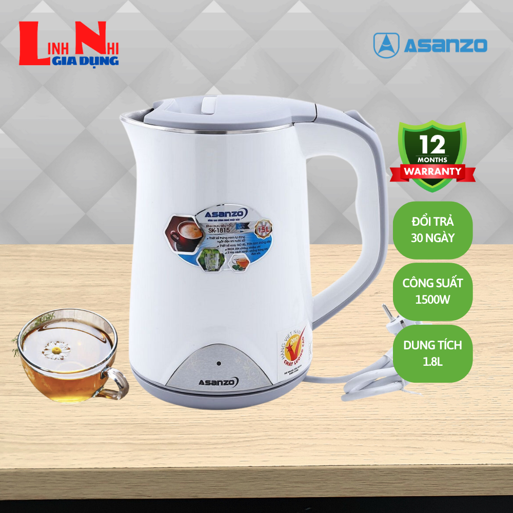 Bình Đun Siêu Tốc Asanzo SK-1815 Dung tích 1.5 Lít,  Công Suất 150W Lòng Inox 304 Mau Sôi- Gia Dụng Linh Nhi