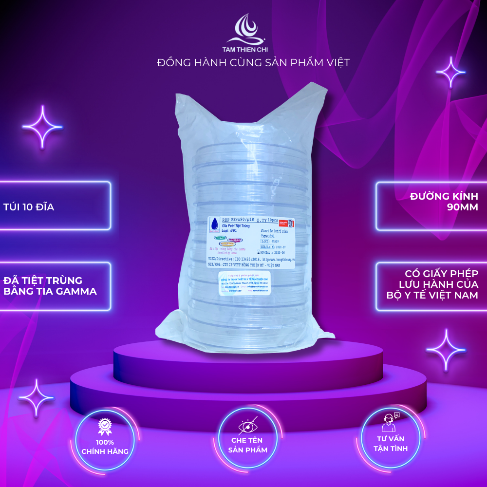 Đĩa Petri nhựa tiệt trùng 90mm túi 10 cái Tâm Thiện Chí