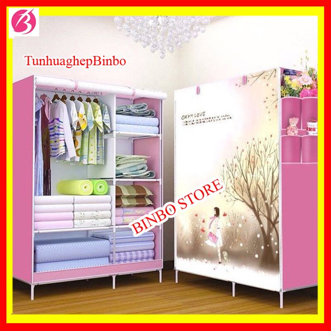 Tủ vải khung sắt đựng quần áo  2 buồng 6 ngăn khung Inox cao cấp in hình họa tiết 3D  màu hồng để đồ gấp gọn