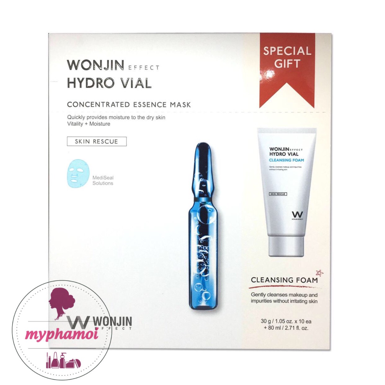 Combo mặt nạ wonjin hydro vial 10 miếng + sữa rửa mặt 80ml