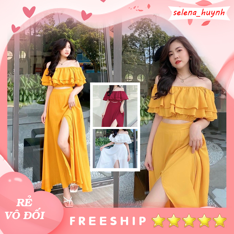 Set đầm maxi bẹt vai xẻ tà màu vàng đỏ trắng Selena huynh 151