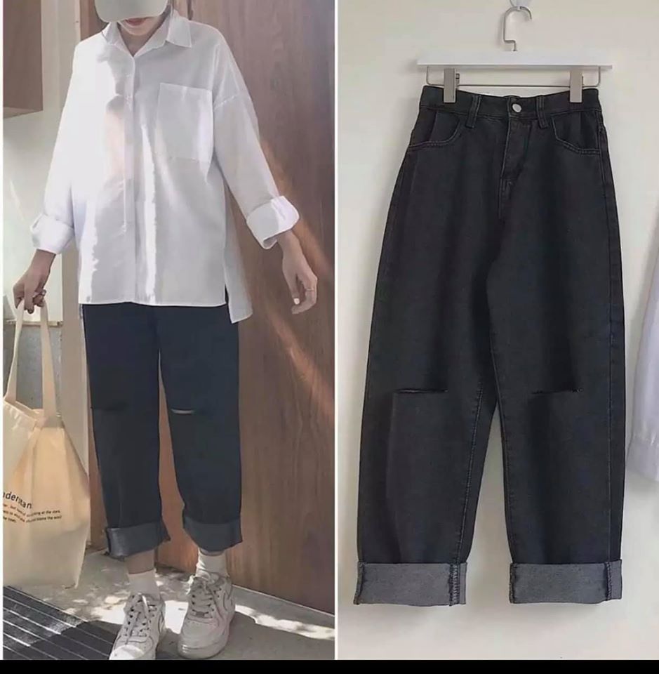 ( ẢNH THẬT) QUẦN JEAN, BÒ ỐNG RỘNG MÀU ĐEN RÁCH 2 GỐI GẤP GẤU THỜI TRANG HÀN QUỐC, AMELIA