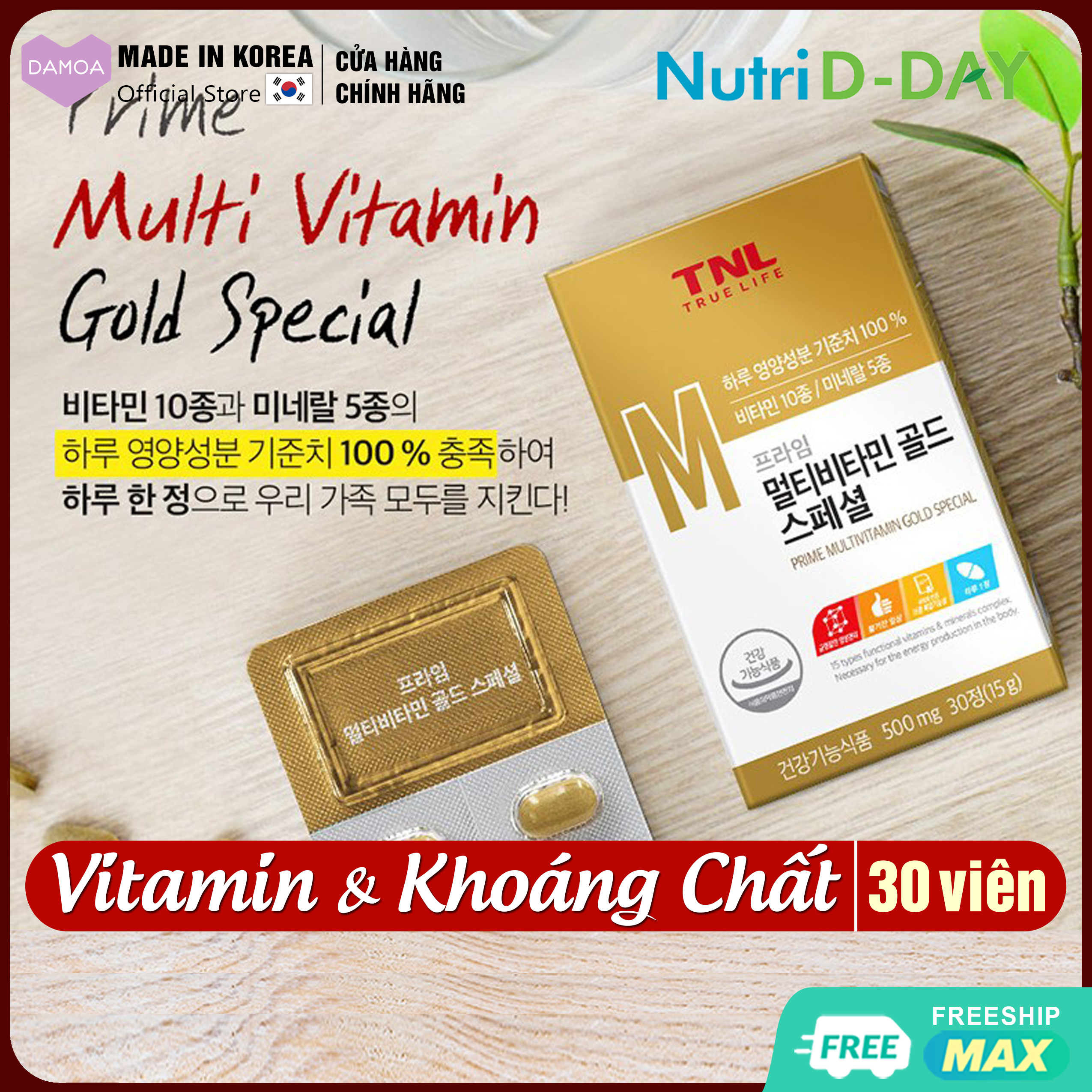 Viên uống Tổng hợp 10 loại Vitamin & 5 loại Khoáng chất cao cấp Nutri D-Day TNL Prime Multivitamin Gold Special Hàn Quốc