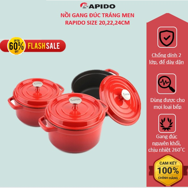 Nồi gang đúc tráng men KAW (22cm) RK20-RD, Đúc nguyên khối, Lòng nồi tráng men, Chịu sốc nhiệt lên t