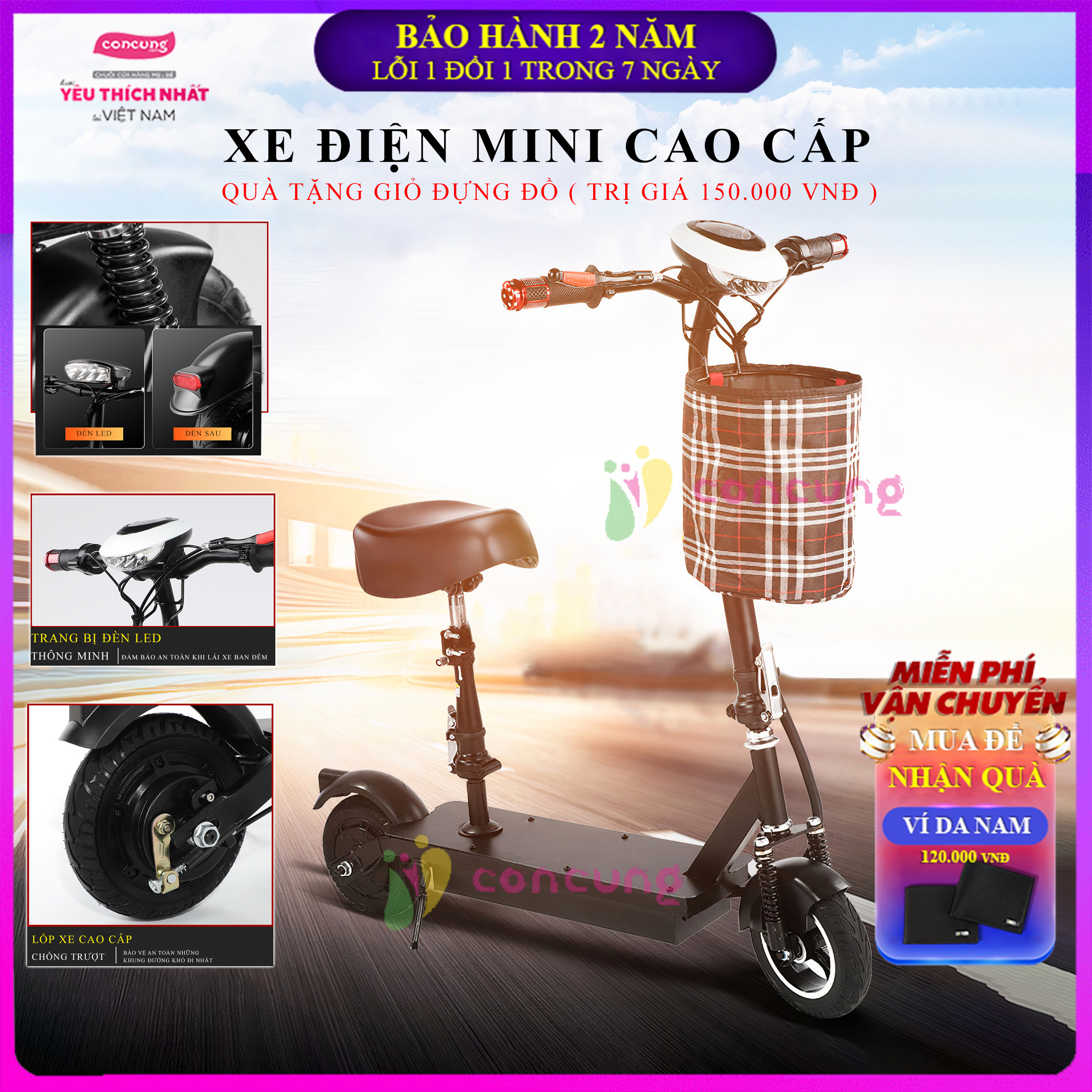 Xe điện mini E SCOOTER động cơ khoẻ trọng tải 65kg có sạc pin tặng giỏ đựng đồ treo tiện lợi Bảo hành 2 năm lỗi 1 đổi 1 trong 7 ngày