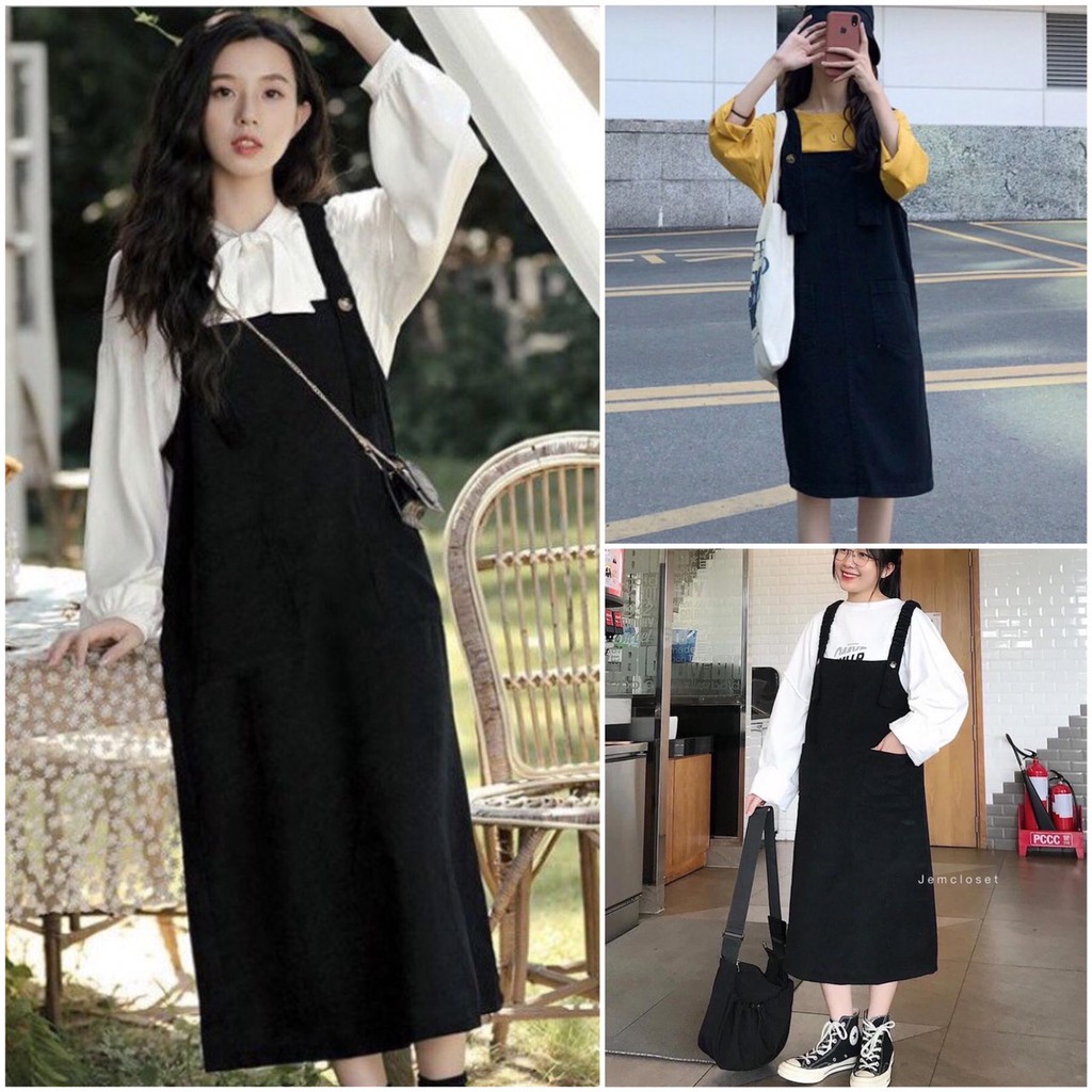 Set Váy yếm đen dáng dài buộc dây eo và áo trắng cổ bèo  Shopee Việt Nam