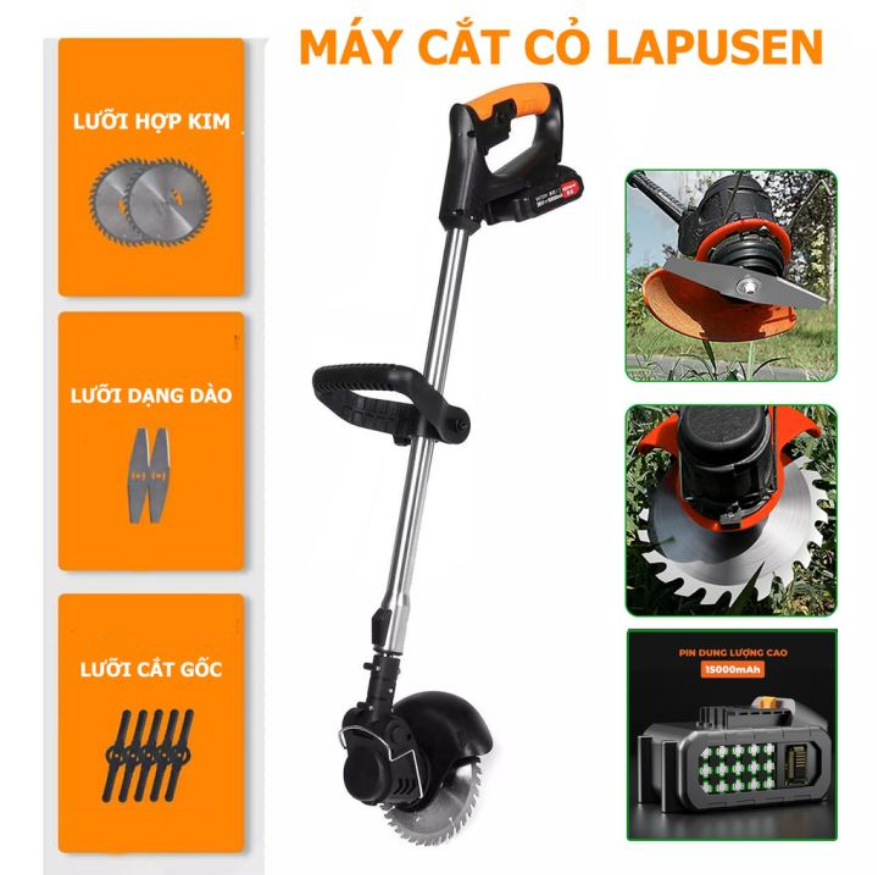 ( SALE 50% ) Máy cắt cỏ cầm tay LAPUSEN không dây (tặng kèm 1 pin + 8 lưỡi) Máy cắt cỏ , tỉa cành cầm tay LAPUSEN tặng 2pin . Công suất lớn . Động cơ lõi đồng 100% . Làm việc liên tục trong 5h BH 12 tháng