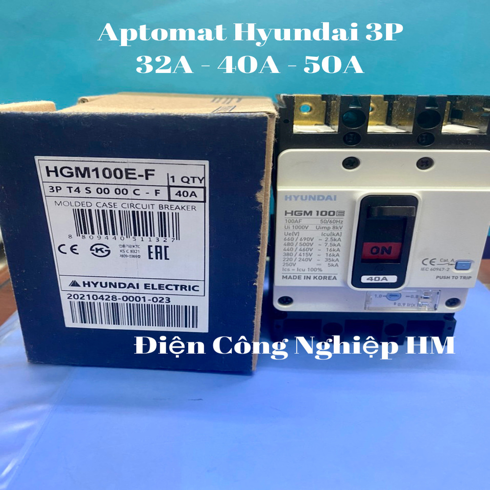 Aptomat át tô mát khối 3 pha hyundai dòng 32a - 50a hàng chính hãng, cầu dao điện mccb 3p hyundai hgm100e-f