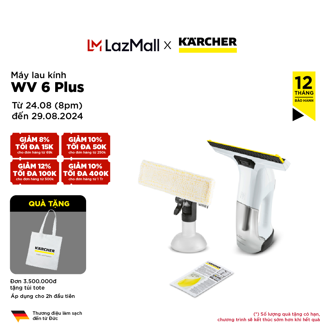 [Xuất xứ Ý] Máy lau kính Karcher WV 6 Plus dùng Pin Lithium-ion, độ rộng bàn chải 280 mm, thời gian sử dụng đến 100 phút, hiệu suất vệ sinh khoảng 300m2
