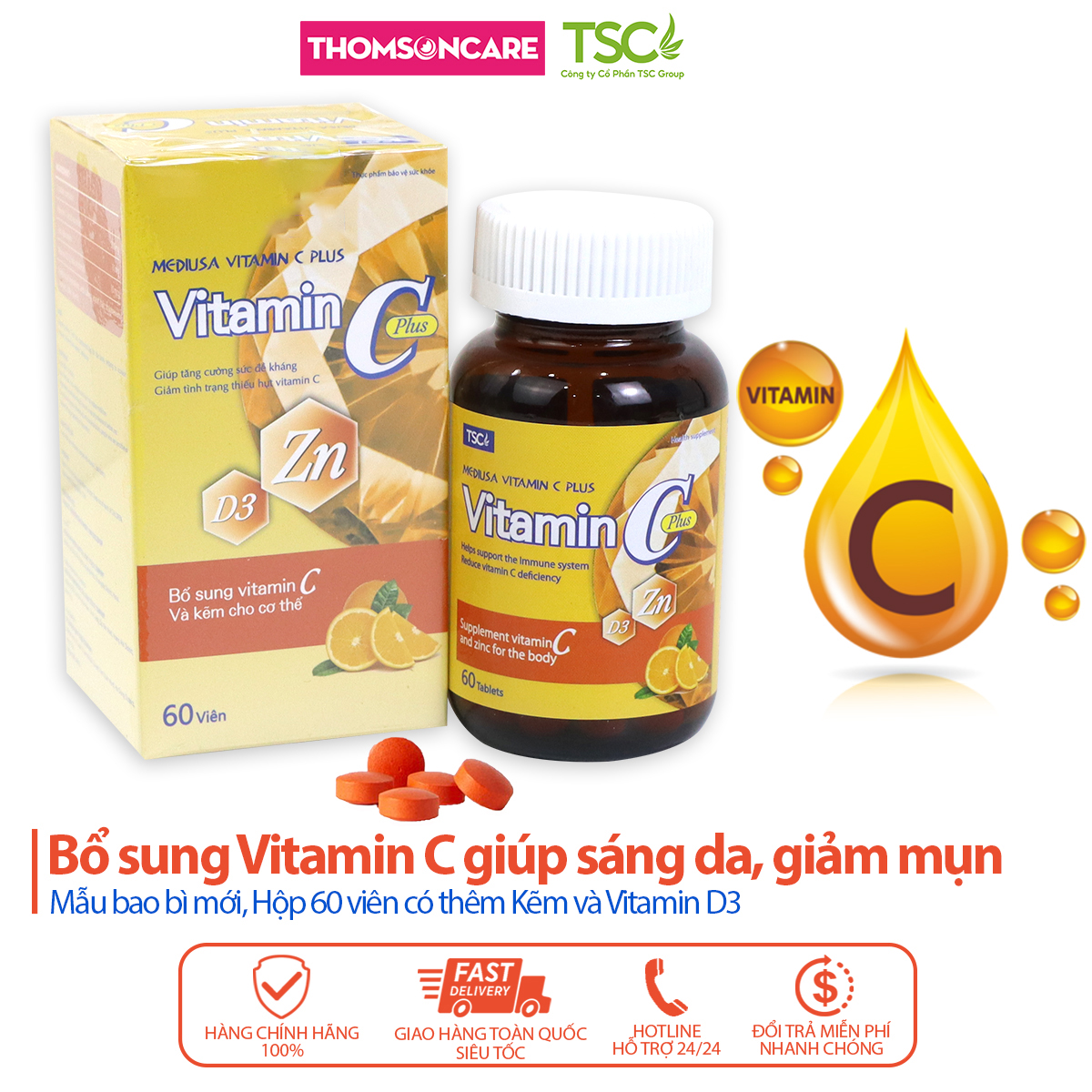Viên uống tăng đề kháng Vitamin C có kẽm Mediusa giúp trắng da, ngừa mụn - Bổ sung vtm C - Hộp 60v Thomsoncare