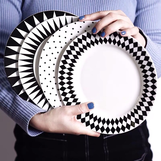 Set 4 đĩa sứ đen trắng cá tính cao cấp bát đĩa sứ đĩa sâu lòng đĩa nông