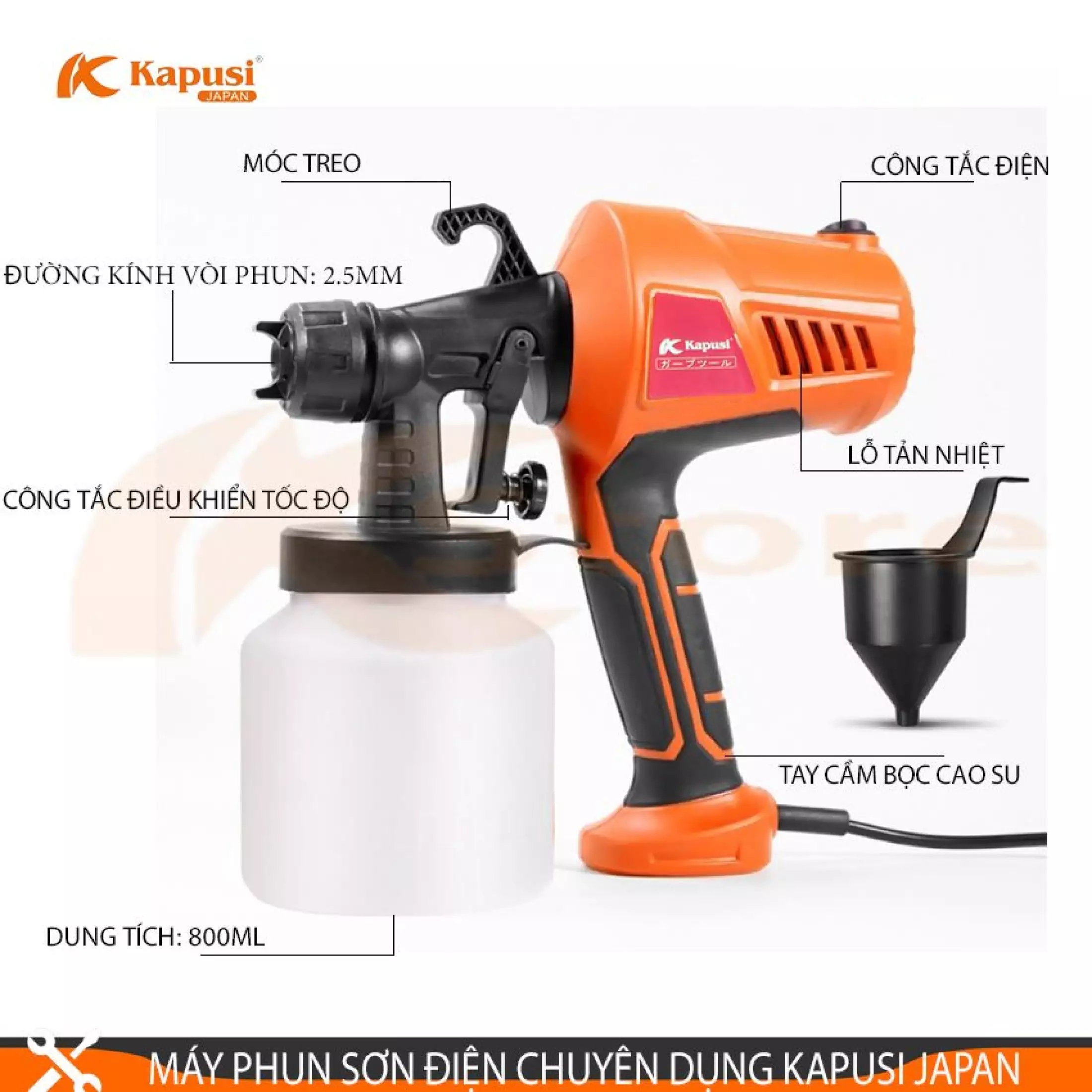 [Ảnh thật] [Chính hãng] MÁY PHUN SƠN ĐIỆN CẦM TAY KAPUSI JAPAN 500W, BẢO HÀNH 12 THÁNG, TỐC ĐỘ PHUN 650ML/PHÚT, ĐƯỜNG KÍNH VÒI PHUN 2.5MM, MÁY PHUN SƠN TIÊU CHUẨN NHẬT BẢN
