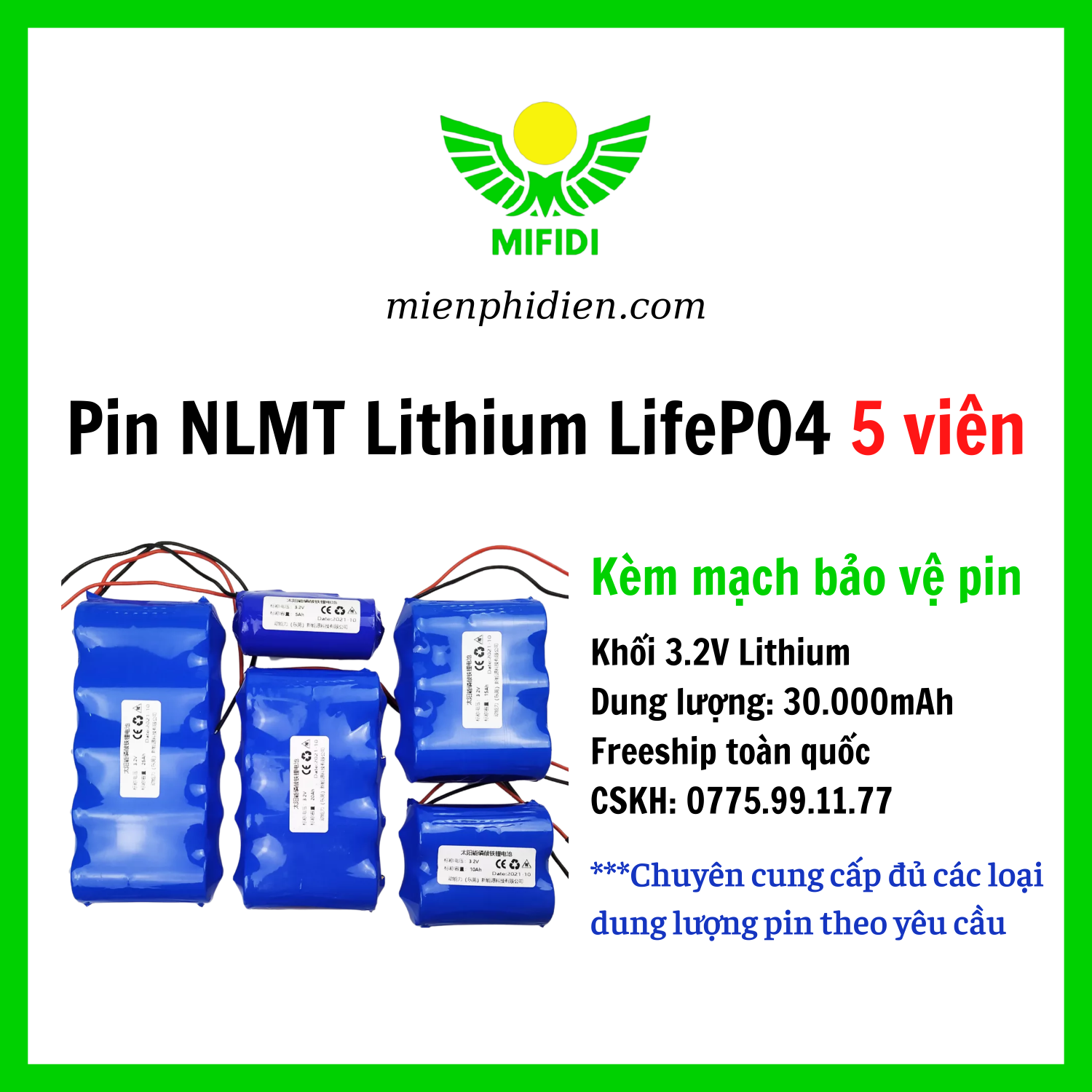Pin Năng Lượng Mặt trời Lithium LiFePO4 32650 3.2V 30Ah 5 Viên dung lượng