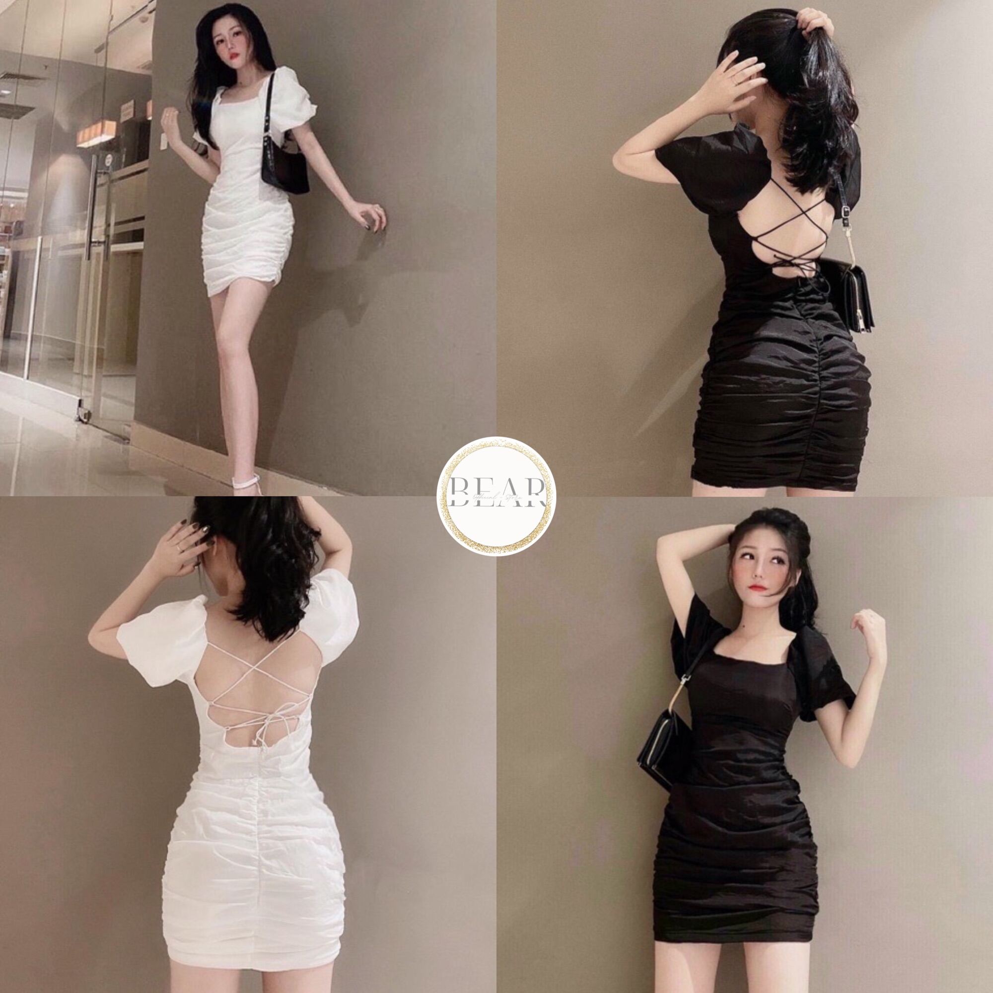 Đầm ôm body nữ nhún đan dây hở lưng cổ vuông tay phồng có mút ngực siêu hot 2021 by candystyle