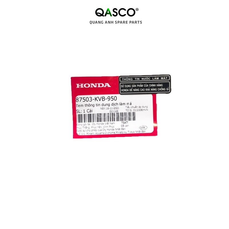 Tem thông tin dung dịch làm má HONDA AIR BLADE 110 / CLICK 110 / LEAD 110 / SH 125 / SH 150 (87503KVB950) _491
