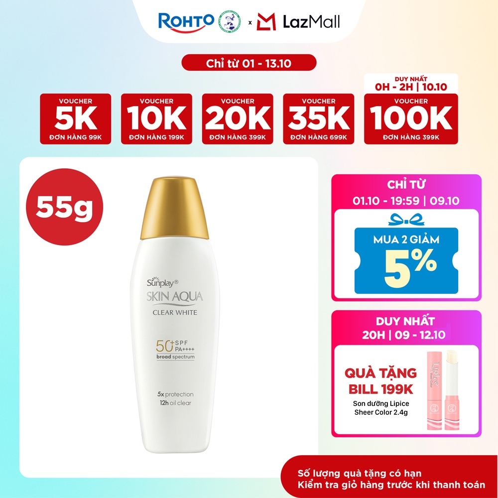 Kem chống nắng Skin Aqua dưỡng trắng, kiểm dầu, dùng hàng ngày dạng sữa Sunplay Skin Aqua Clear White Eco Việt Nam SPF50, PA++++ 55g