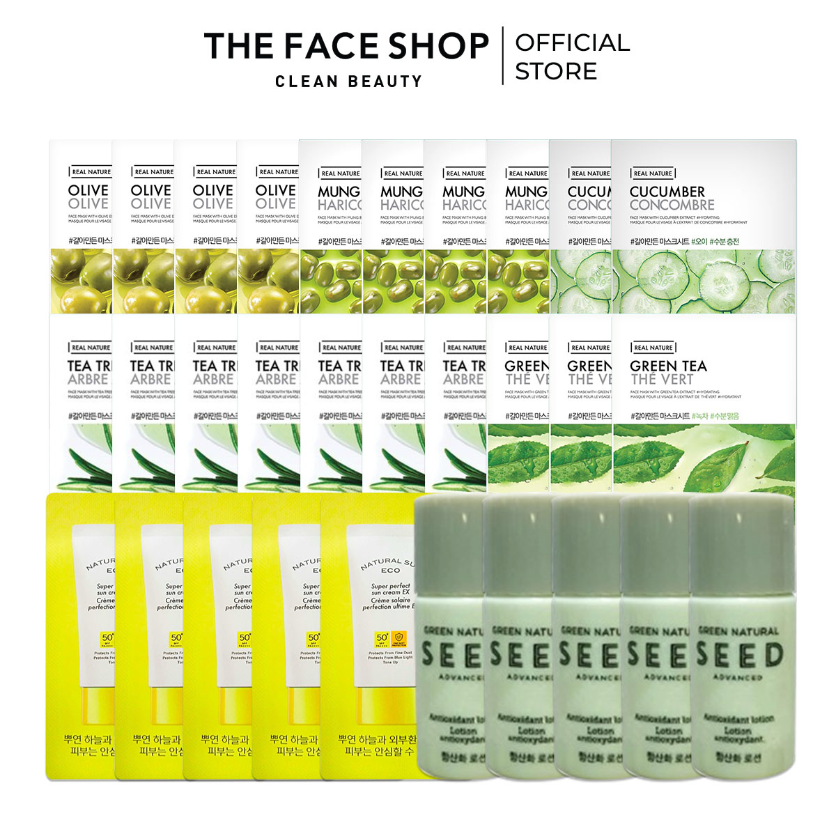 Combo 20 mặt nạ dưỡng ẩm the face shop real nature 20g, 5 sữa dưỡng 5ml & 5 kem chống nắng 1.2ml