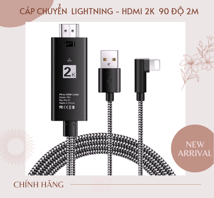 Cáp chuyển đổi tín hiệu iphone ipad - tivi lightning to hdmi 2k bẻ góc 90 dài 2m - hàng chính hãng