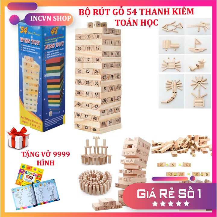 [Combo Vở Tập Tô Màu 9999] Bộ rút gỗ 54 thanh X-1 kiêm toán học, xếp hình,đồ chơi giáo dục phát triển trí tuệ , Trò chơi phát triển xúc giác, thị giác và não bộ cho con, đồ chơi kĩ năng cơ bản giúp bé học tập và giải trí
