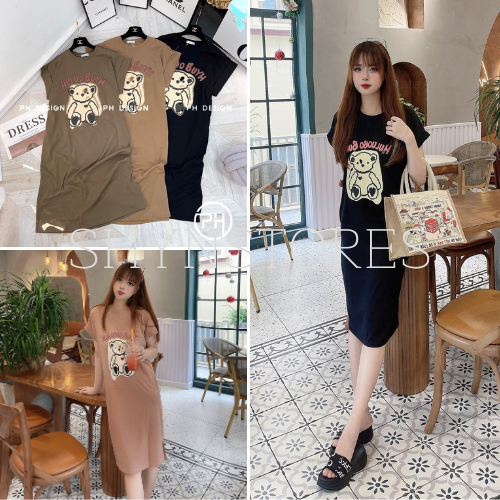 Sỉ Đầm suông nữ - váy suông cánh dơi cổ tròn form rộng túi eo hoạt tiết gấu