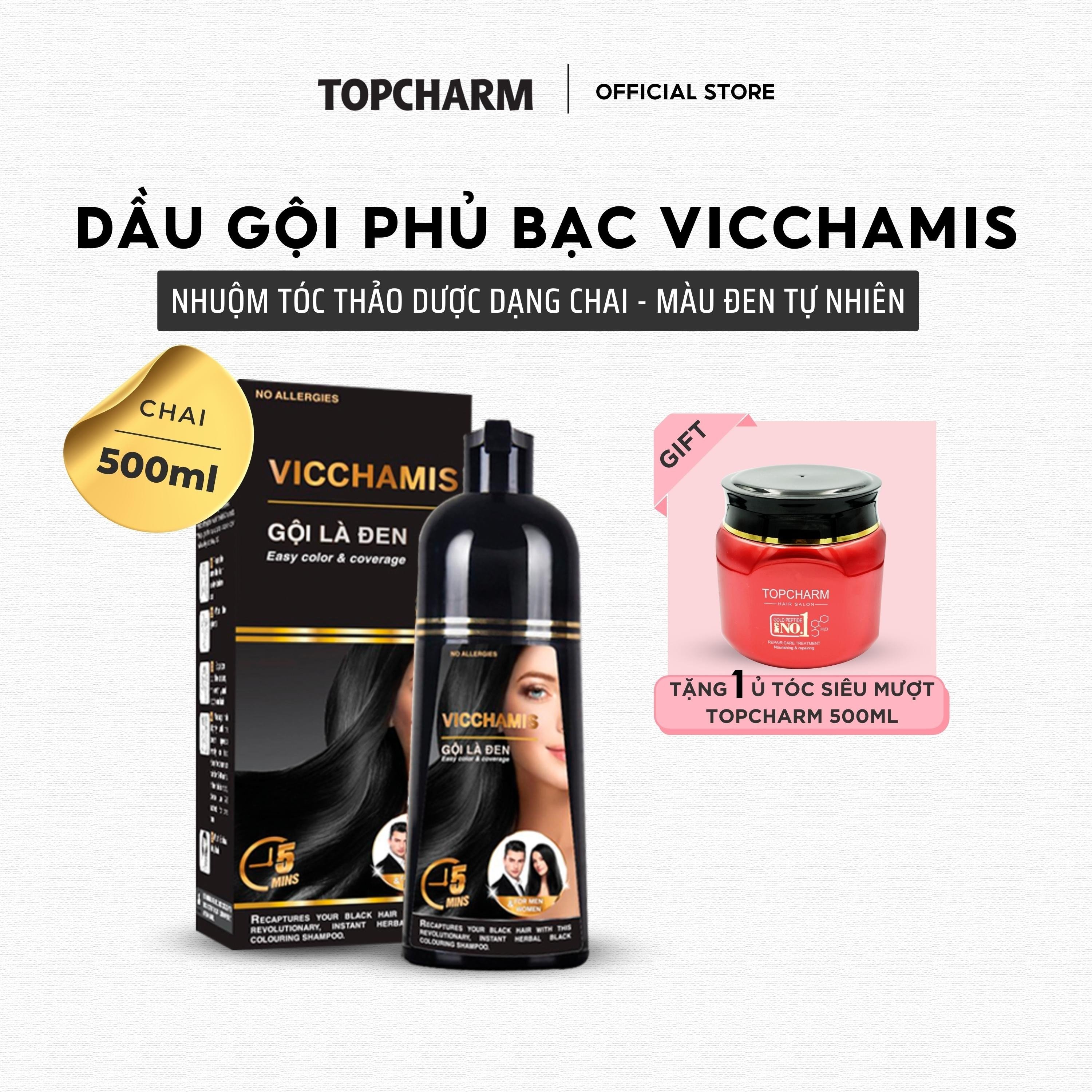 Dầu gội phủ bạc vicchamis màu đen, dầu gội nhân sâm gọi là nâu mềm mượt tóc - chai 500ml