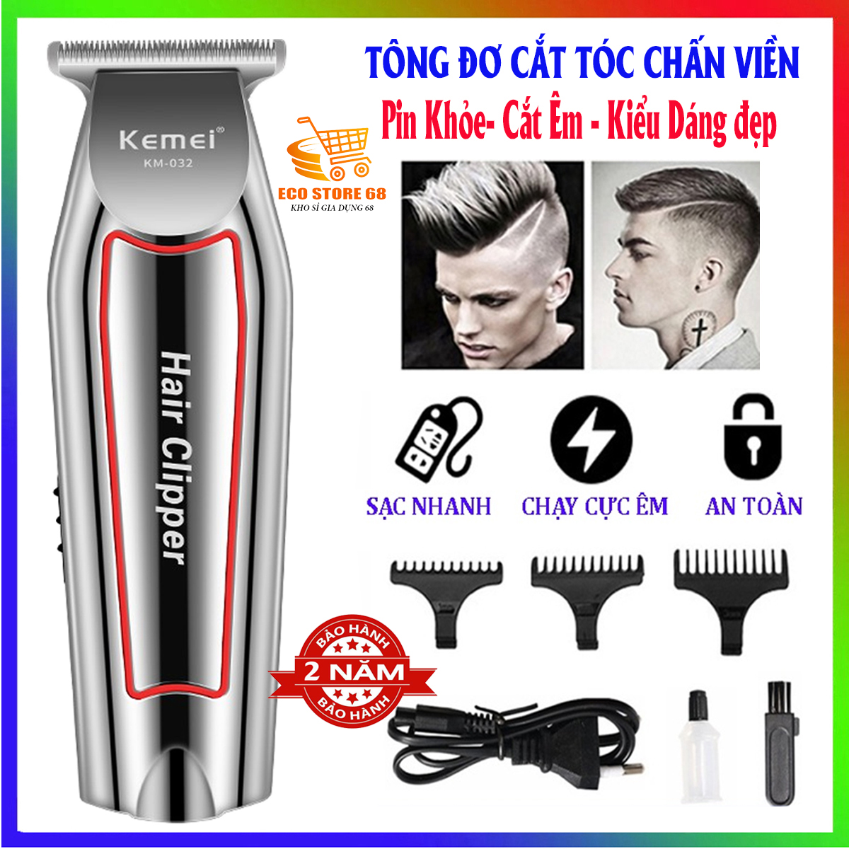 Tông đơ cắt tóc cho bé, Tông đơ chấn viền Kemei KM-032 sử dụng pin sạc tiện lợi, tăng đơ cắt tóc chuyên nghiệp có chế độ Turbo cực khoẻ, tông đơ hớt tóc, tăng đơ hớt tóc