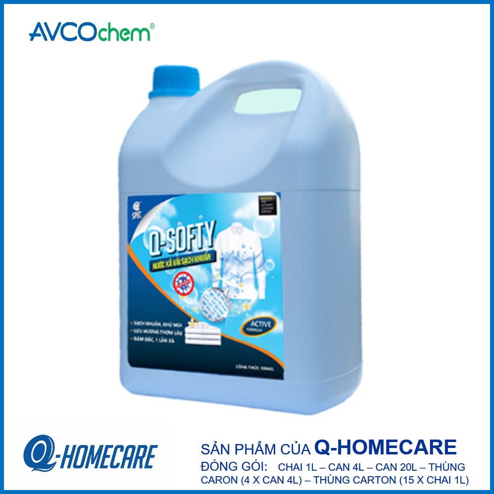 Nước xả vải diệt khuẩn Q-Softy can 4 lít - Avcochem - Q-Homecare, khử sạch vi khuẩn, vi nấm trên vải, khử mùi hôi vượt trội, ngăn tối đa vải bị ẩm mốc và có mùi sau khi xả