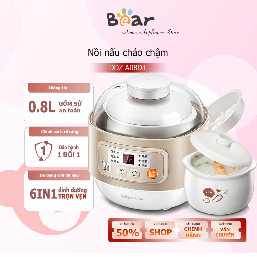 Nồi nấu chậm 0.8l bear ddz-a08t8, nồi nấu chậm đa năng nấu cháo, hầm, hấp, chưng yến bảo hành 18 tháng