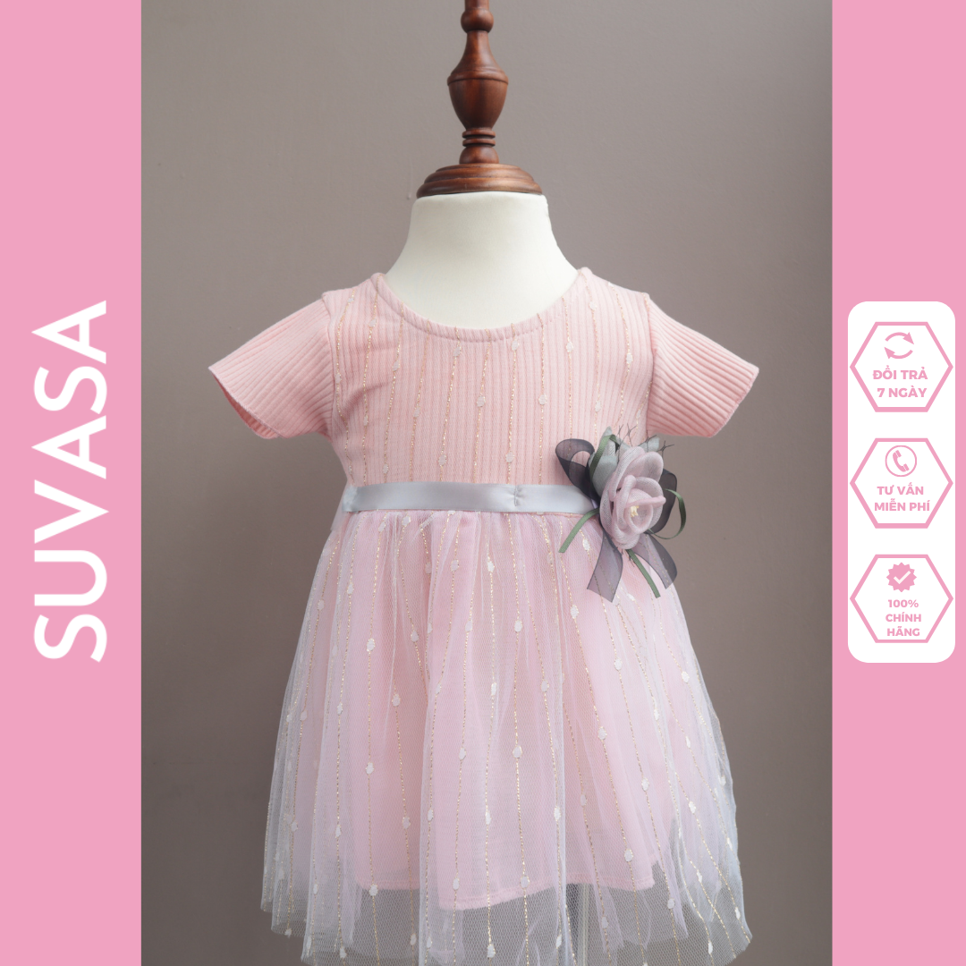 Váy công chúa bé gái đầm cho bé sơ sinh 1 2 3 4 tuổi ngắn tay phối voan eo hoa xinh xắn SUVASA V003