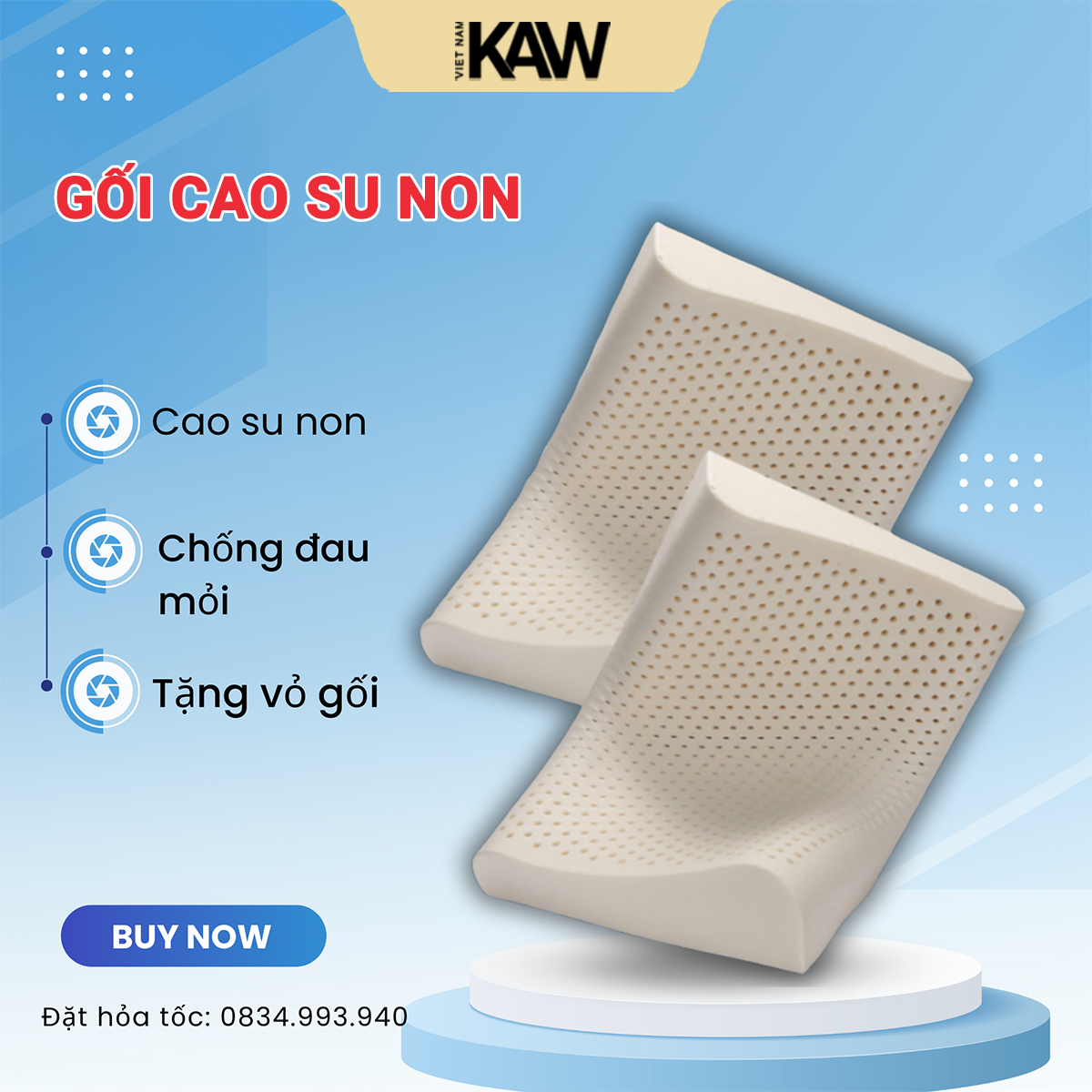 KAW - Gối Cao Su Non Cao Cấp Chuẩn Công Thái Học Chống Đau Mỏi Vai Gáy Hỗ Trợ Giấc Ngủ Ngon