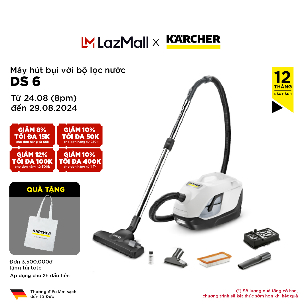 Máy hút bụi gia đình Karcher DS 6 sử dụng bộ lọc nước hiện đại , công suất hút thực tế 650w cùng hệ thống lọc đa lốc