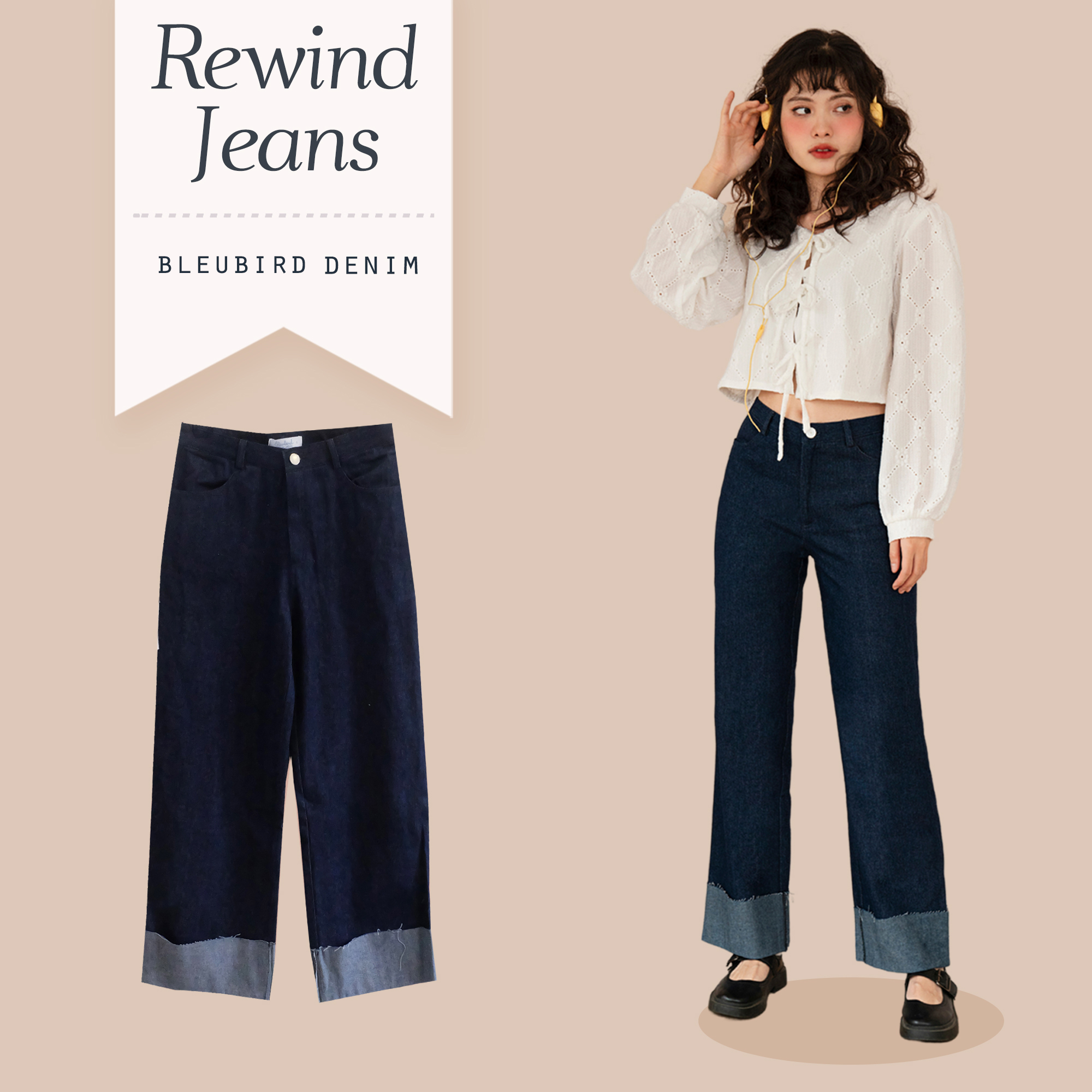 BLEUBIRD Quần bò denim gập gấu Rewind Jeans