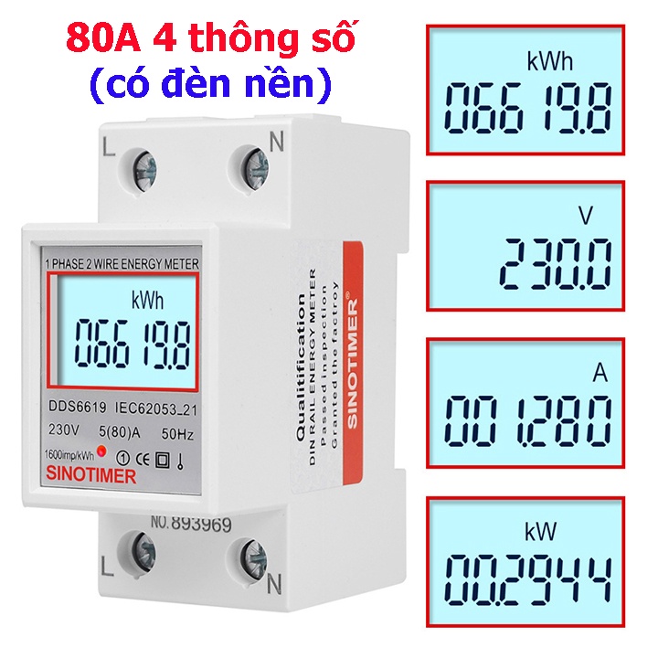 [LOẠI 4 THÔNG SỐ] Công tơ điện tử đa năng 80A SINOTIMER, đo công suất, điện áp, cường độ dòng điện