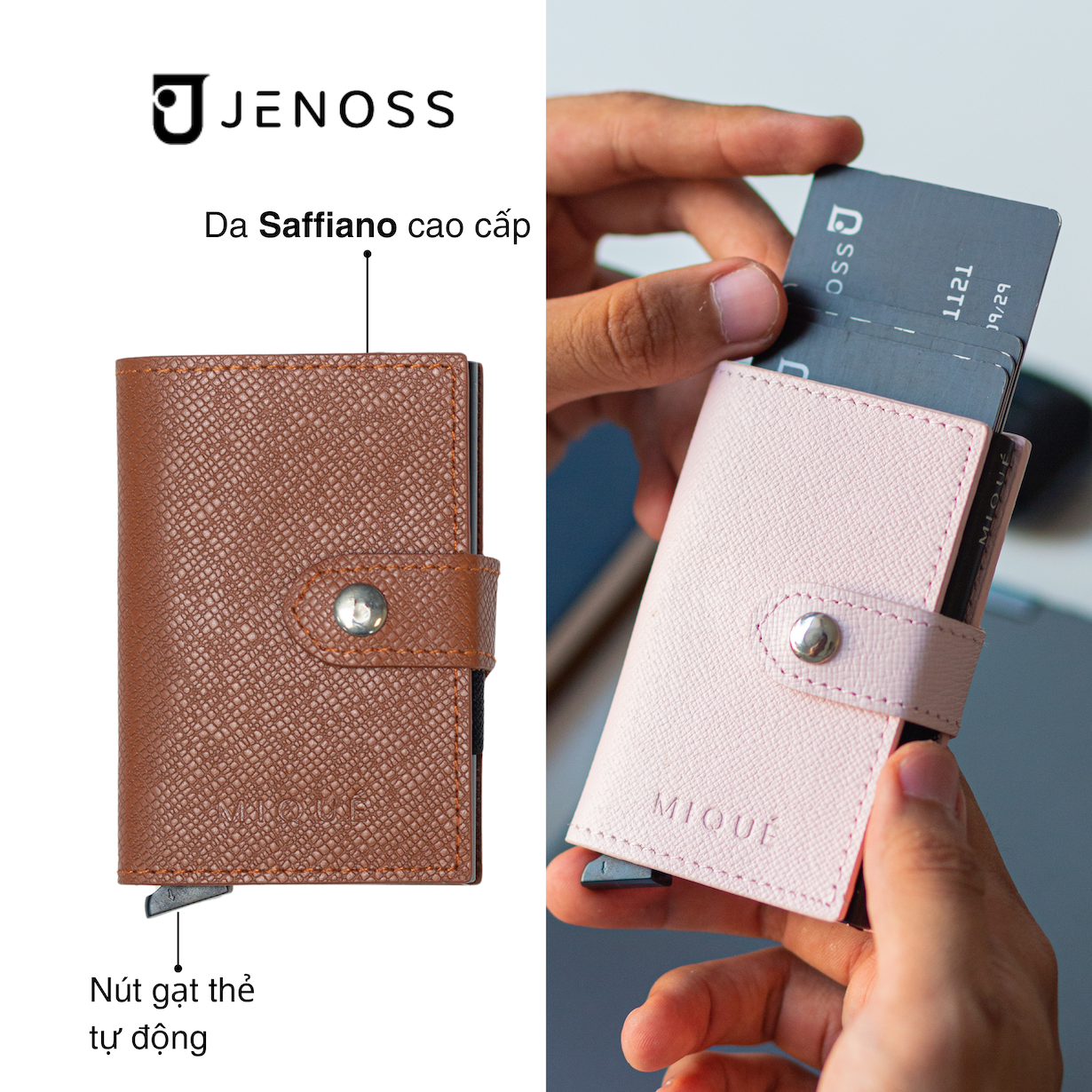 Ví Thông Minh Ender Với Box Đựng Thẻ Tự Động, Bóp Tiền Da Nam Nữ Saffiano Cao Cấp Gập Hai Nhỏ Gọn Mini Chính Hãng Jenoss