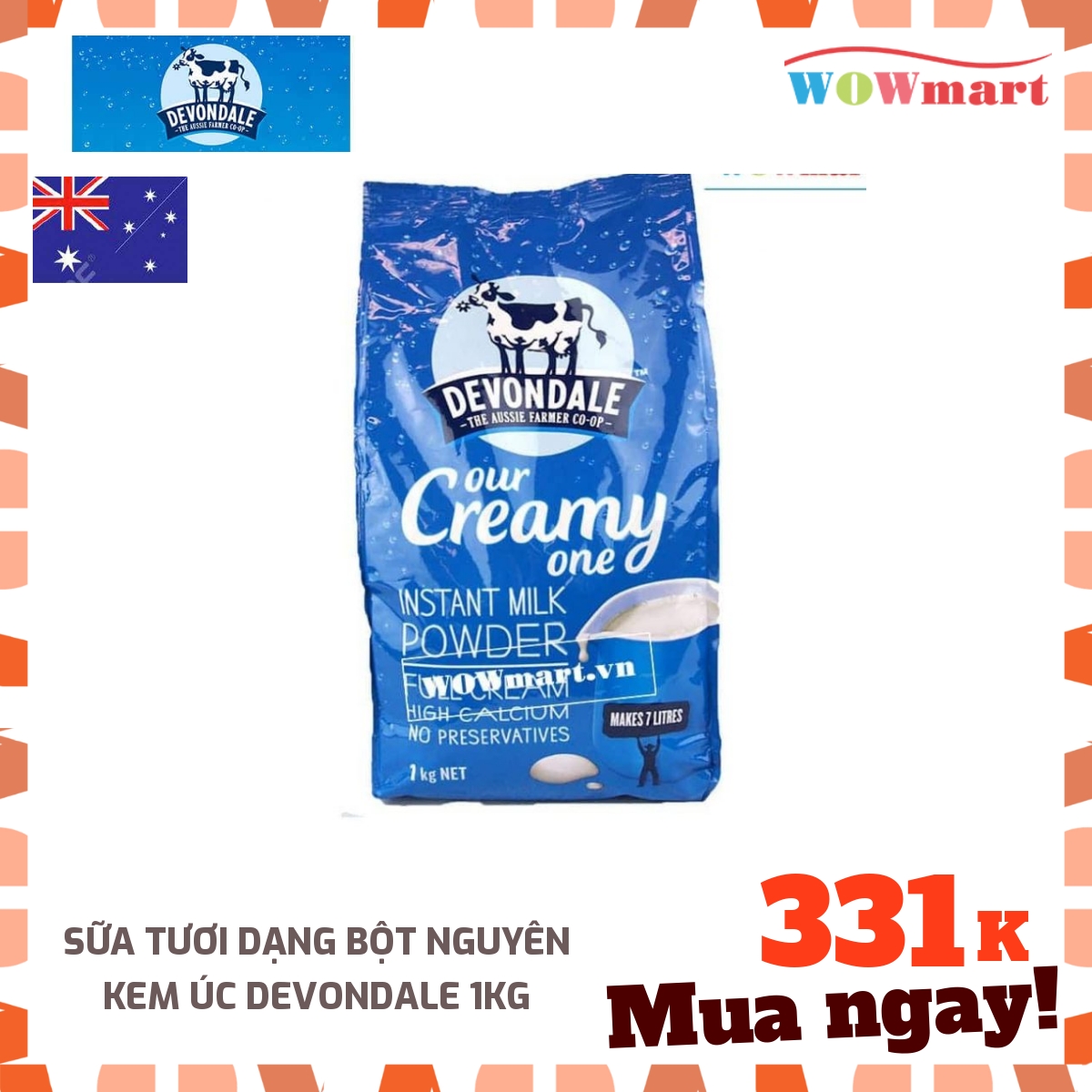 Sữa tươi dạng bột nguyên kem Úc Devondale 1kg -