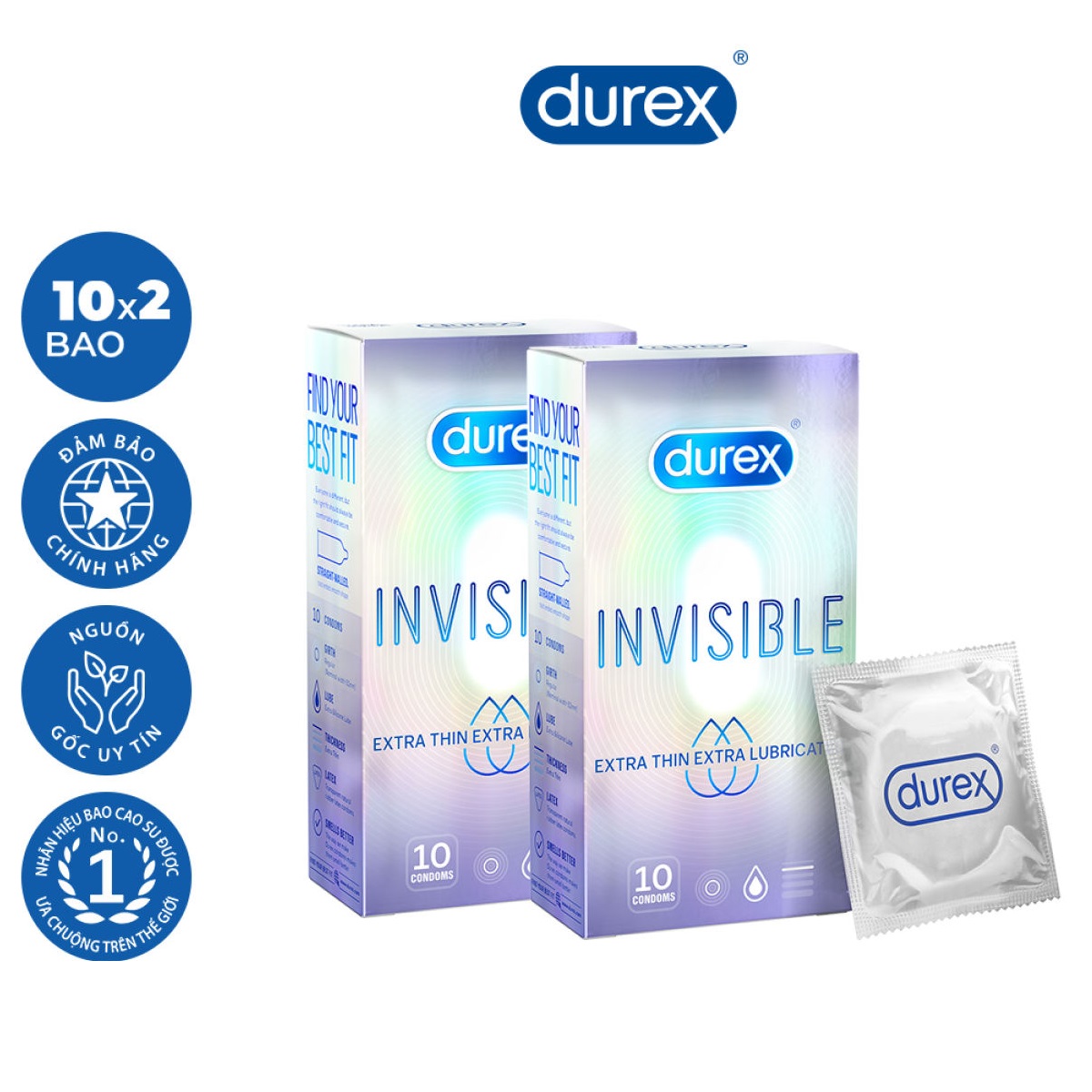 Bộ 2 bao cao su Durex Invisible Extra Thin Extra Lubricated Hộp 10 Bao - 2 hộp 20 bao