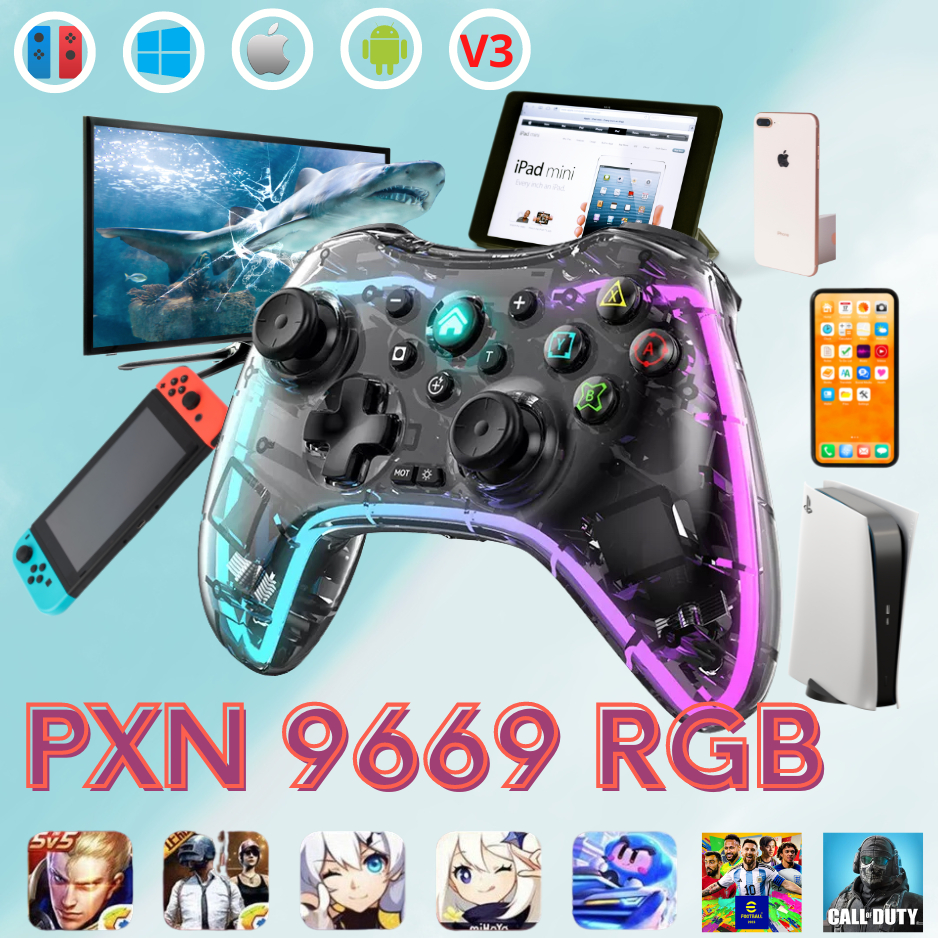 Tay game PS4 RGB PXN 9669 Rainbow Bluetooth cho PC / iOS / Android / PS5 / Nintendo Switch có Rung LED / Decor trang trí