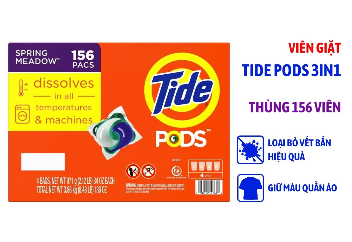 Viên giặt xả Tide Pods 3in1 Spring Meadow của Mỹ thùng 4 gói, mỗi gói 39 viên - Mẫu mới