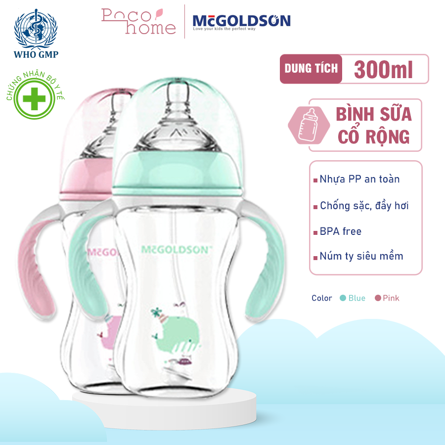 Bình sữa cho bé cao cấp, nhựa PP an toàn, thiết kế Cổ Rộng McGOLDSON 300ml Có Van Chống Sặc