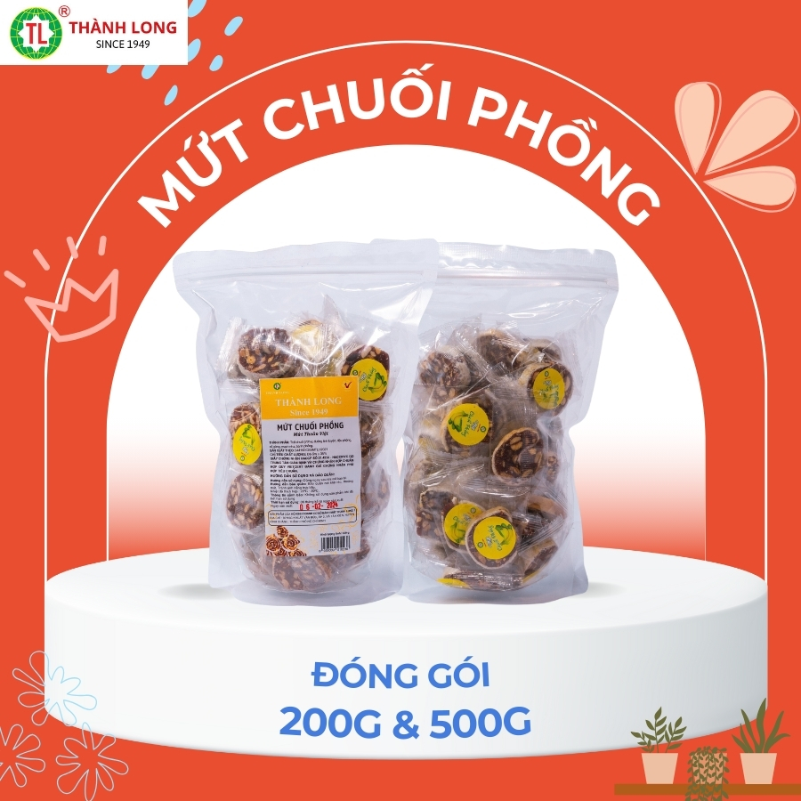 Mứt chuối tươi phồng, kẹo chuối đậu phộng cuộn bánh phồng dẻo thơm ngon thành long túi 200gr/500gr - việt nam