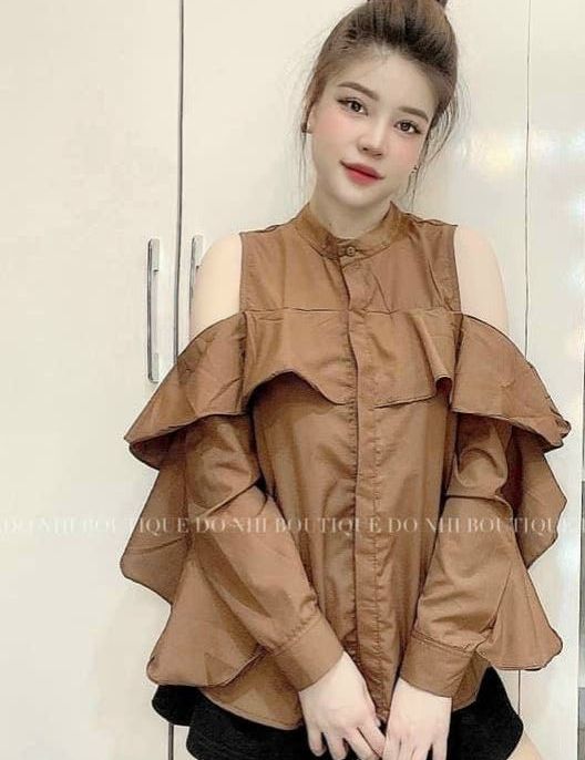 Áo sơmi kiểu nữ tay dài rớt vai bánh bèo xinh xắn